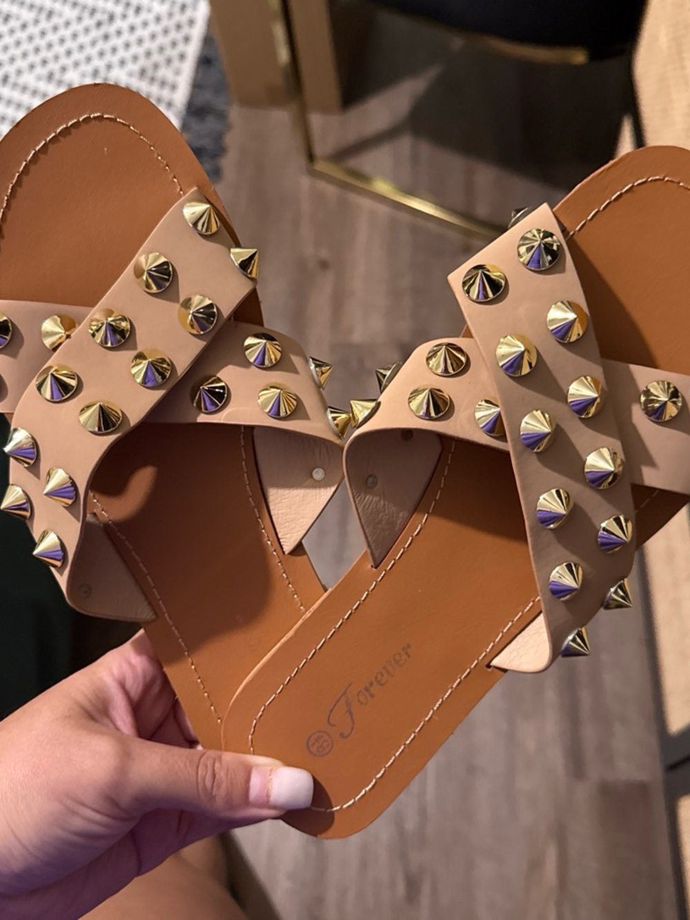 Forever 21 Tan Studded Slide Sandals
